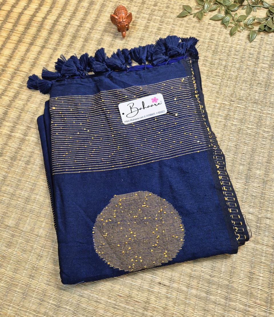 Cotton Galleria | Navy Prussian Blue Acrylic Cotton Saree with Sequence Pallu