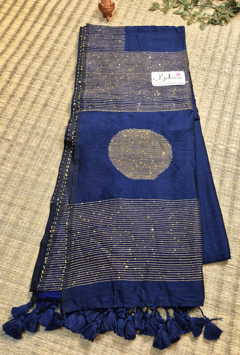 Cotton Galleria | Navy Prussian Blue Acrylic Cotton Saree with Sequence Pallu