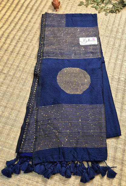 Cotton Galleria | Navy Prussian Blue Acrylic Cotton Saree with Sequence Pallu