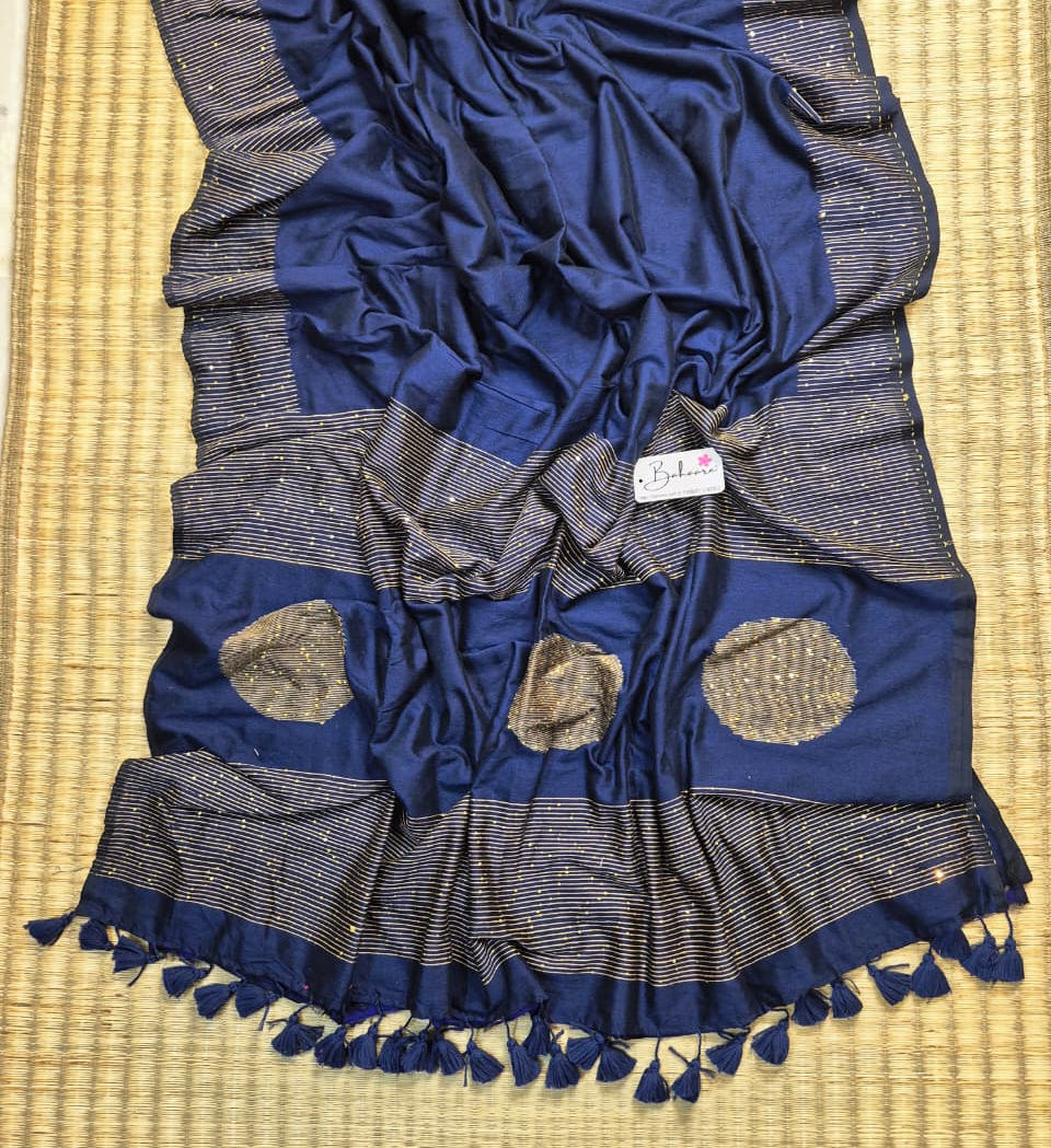 Cotton Galleria | Navy Prussian Blue Acrylic Cotton Saree with Sequence Pallu