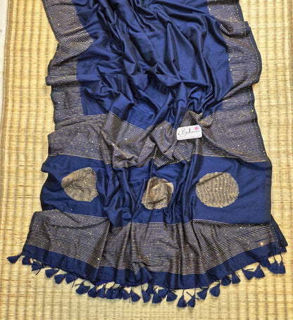 Cotton Galleria | Navy Prussian Blue Acrylic Cotton Saree with Sequence Pallu