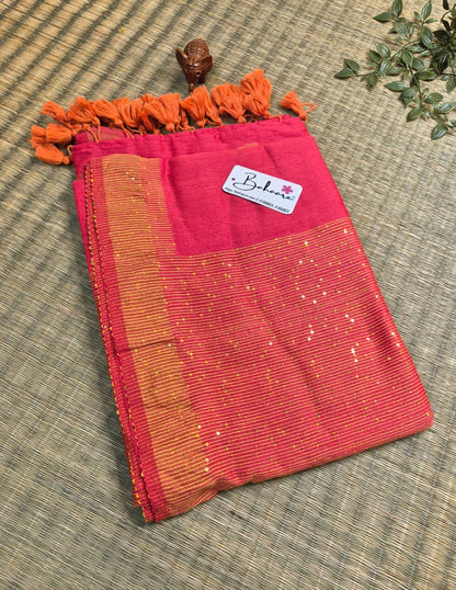 Cotton Galleria | Peachy Pink Acrylic Cotton Saree with Sequence Pallu