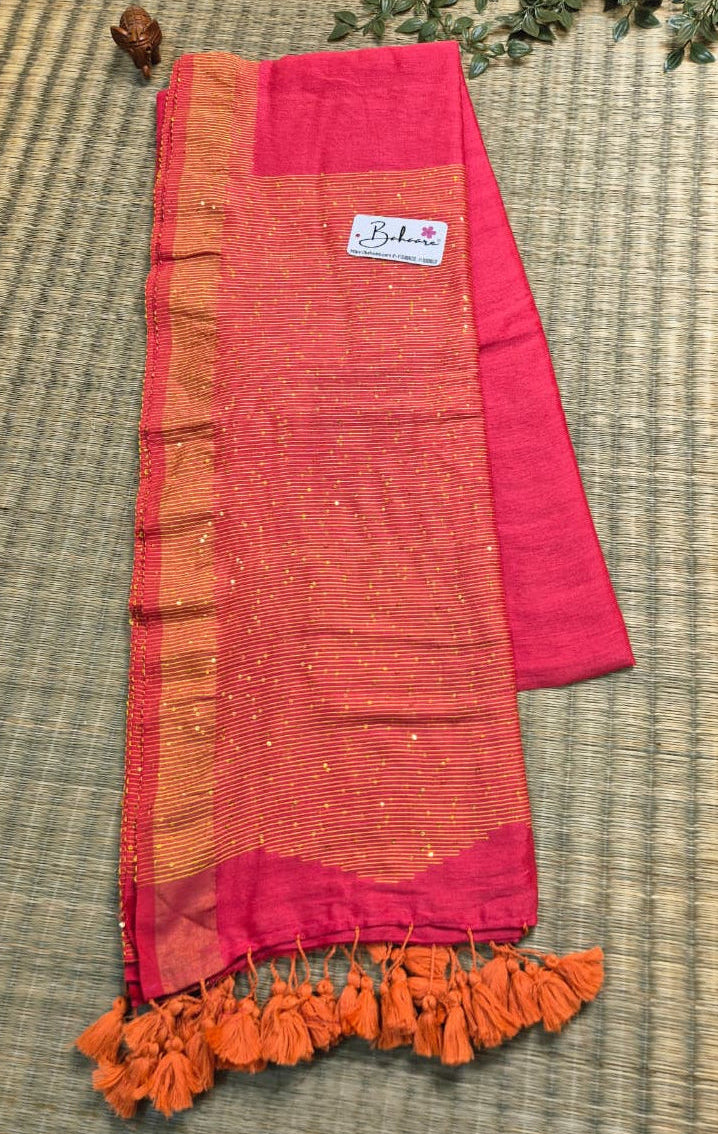 Cotton Galleria | Peachy Pink Acrylic Cotton Saree with Sequence Pallu