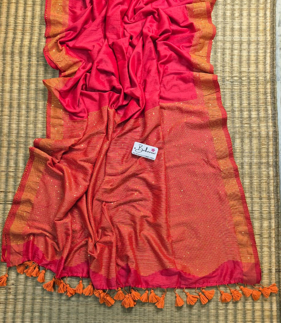 Cotton Galleria | Peachy Pink Acrylic Cotton Saree with Sequence Pallu
