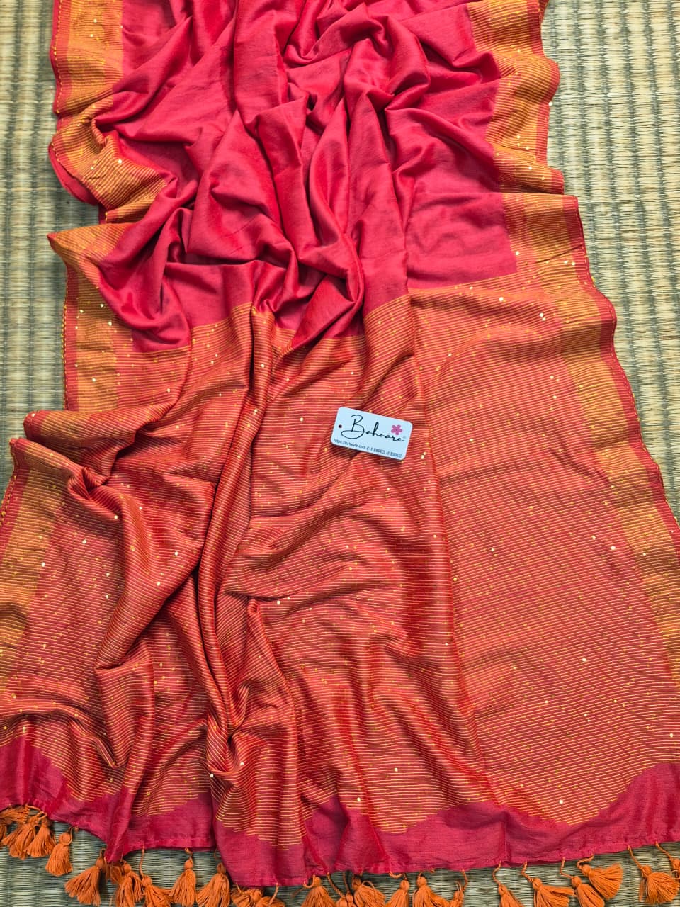 Cotton Galleria | Peachy Pink Acrylic Cotton Saree with Sequence Pallu