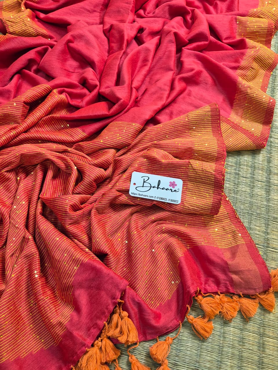 Cotton Galleria | Peachy Pink Acrylic Cotton Saree with Sequence Pallu