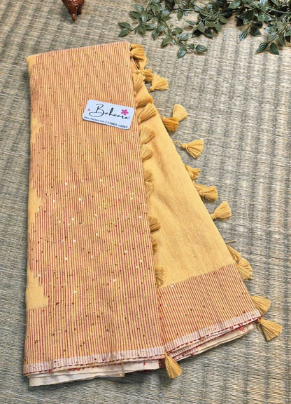 Cotton Galleria | Sand Beige Acrylic Cotton Saree with Sequence Pallu