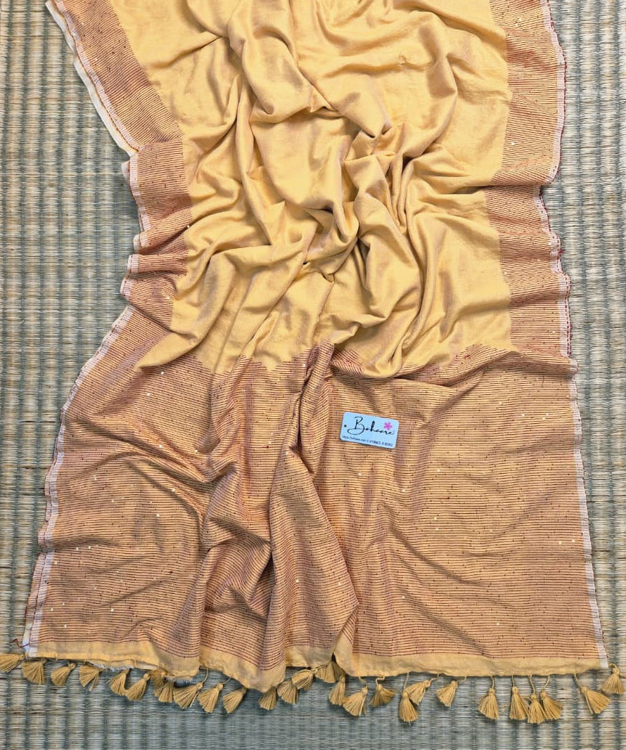 Cotton Galleria | Sand Beige Acrylic Cotton Saree with Sequence Pallu