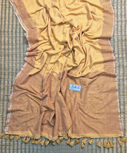 Cotton Galleria | Sand Beige Acrylic Cotton Saree with Sequence Pallu