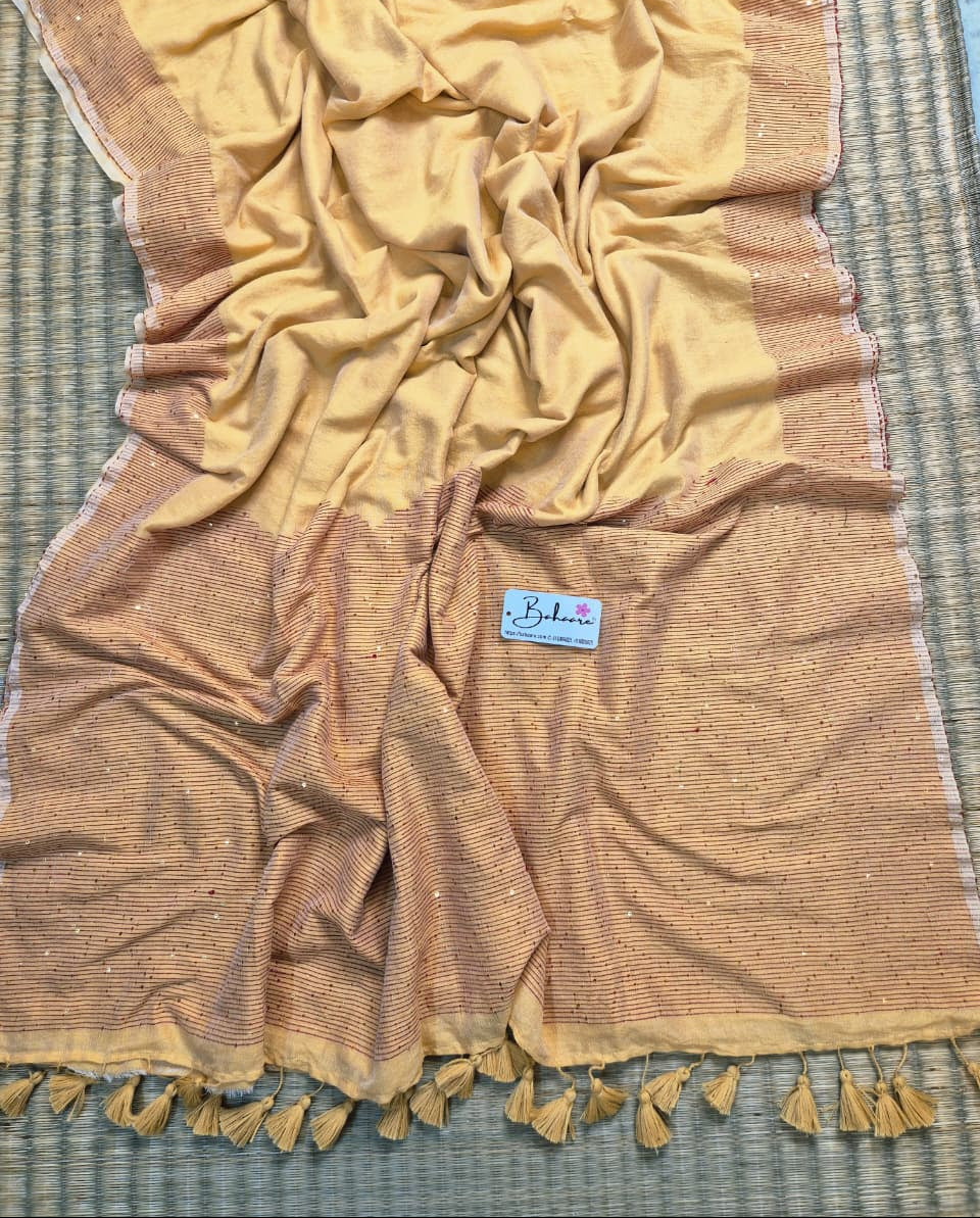 Cotton Galleria | Sand Beige Acrylic Cotton Saree with Sequence Pallu