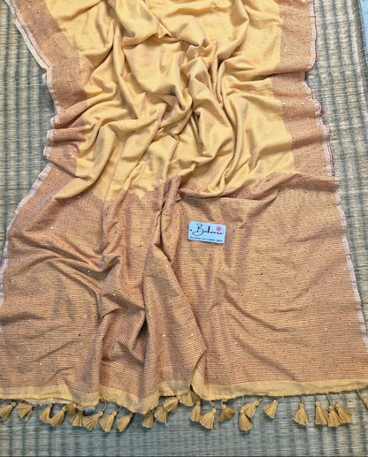 Cotton Galleria | Sand Beige Acrylic Cotton Saree with Sequence Pallu