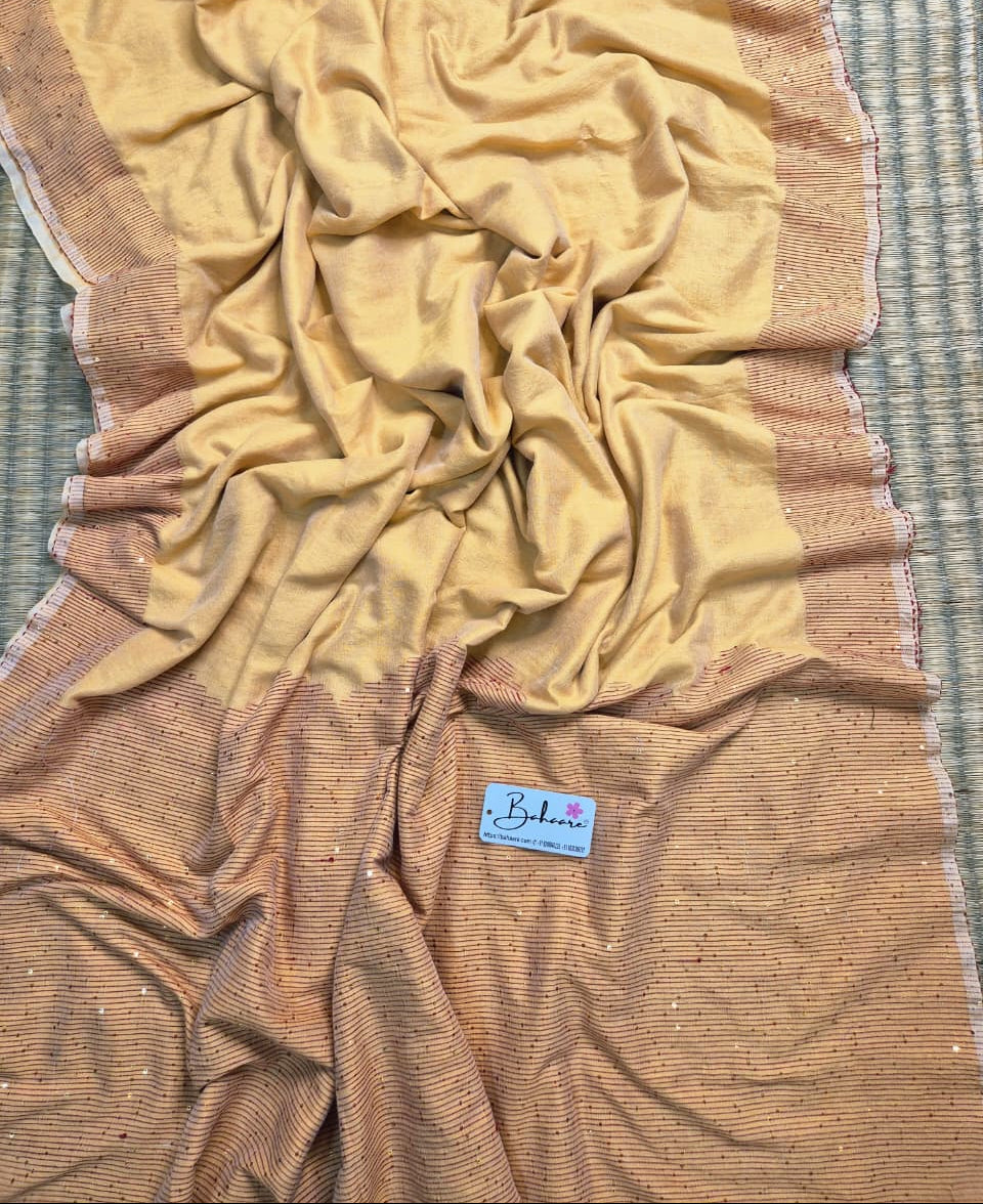 Cotton Galleria | Sand Beige Acrylic Cotton Saree with Sequence Pallu