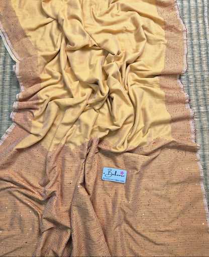 Cotton Galleria | Sand Beige Acrylic Cotton Saree with Sequence Pallu