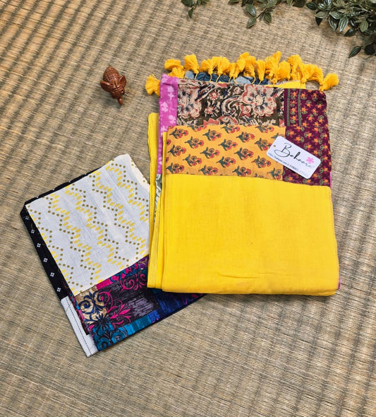 Cotton Galleria | Sunshine Yellow Cotton Saree with Multicoloured Patchwork Pallu
