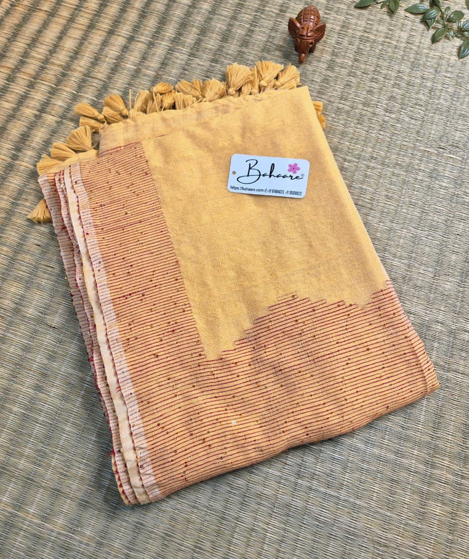 Cotton Galleria | Sand Beige Acrylic Cotton Saree with Sequence Pallu