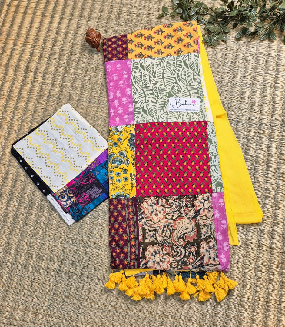 Cotton Galleria | Sunshine Yellow Cotton Saree with Multicoloured Patchwork Pallu