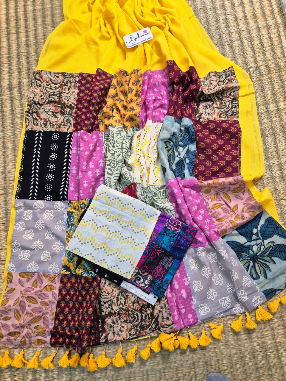 Cotton Galleria | Sunshine Yellow Cotton Saree with Multicoloured Patchwork Pallu