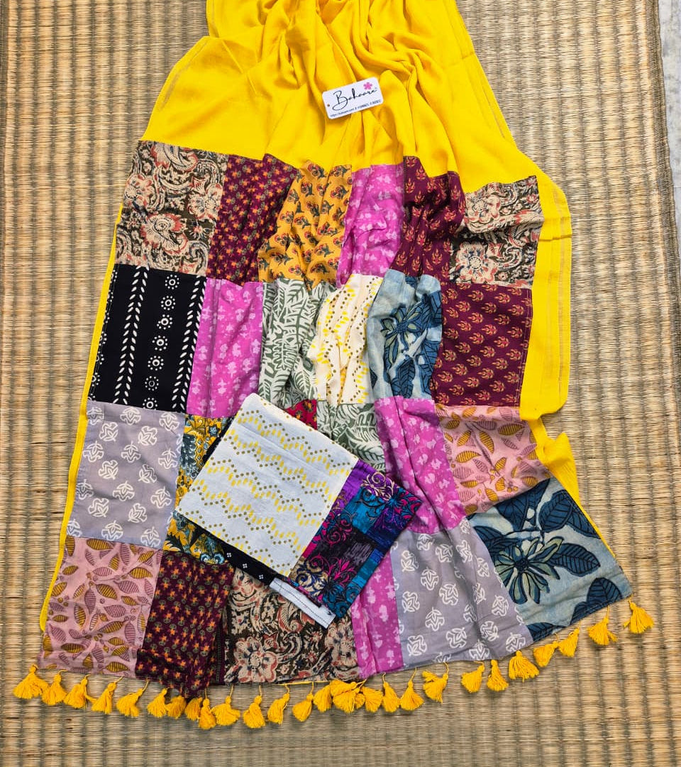 Cotton Galleria | Sunshine Yellow Cotton Saree with Multicoloured Patchwork Pallu