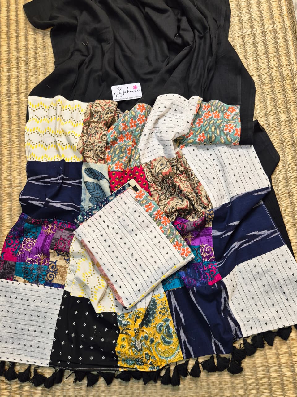 Cotton Galleria | Elegant Black Cotton Saree with Multicoloured Patchwork Pallu