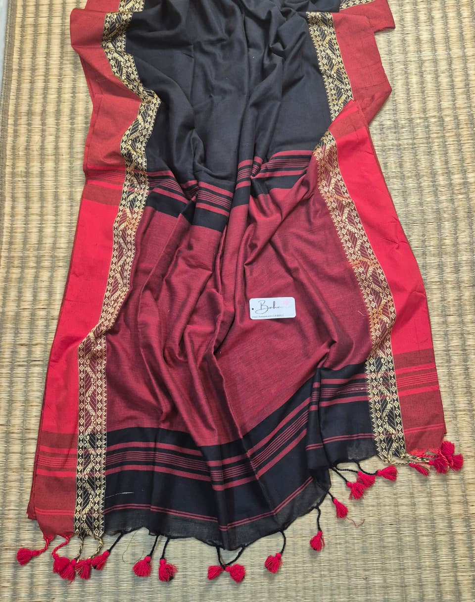 Cotton Galleria | Smoky Black Premium Cotton Saree with Red Border