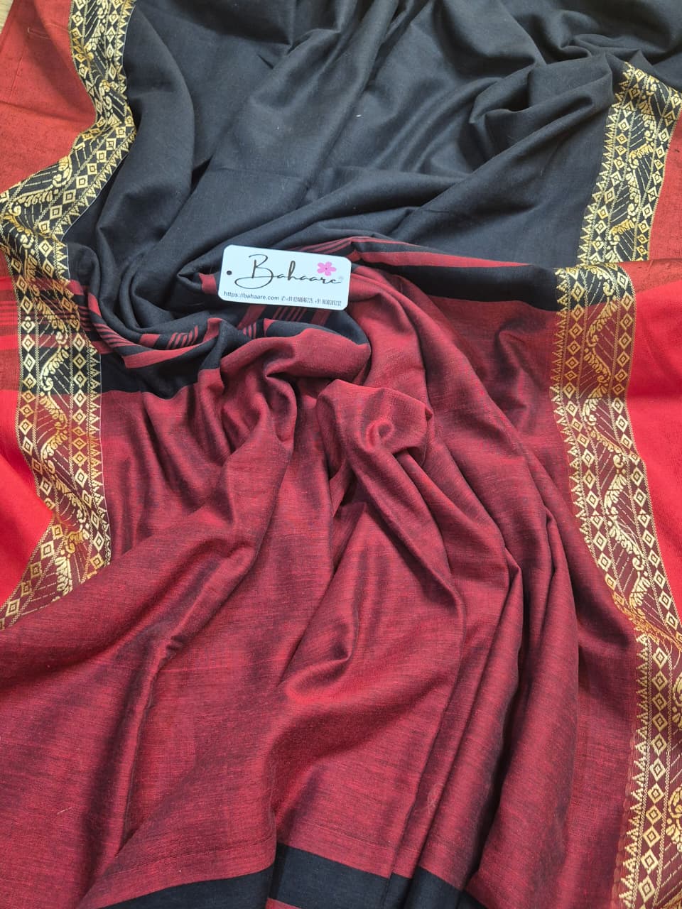 Cotton Galleria | Smoky Black Premium Cotton Saree with Red Border