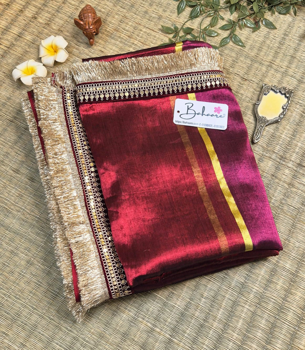 Megha | Burnt Maroon with Magenta Tissue Saree with Zari Lace
