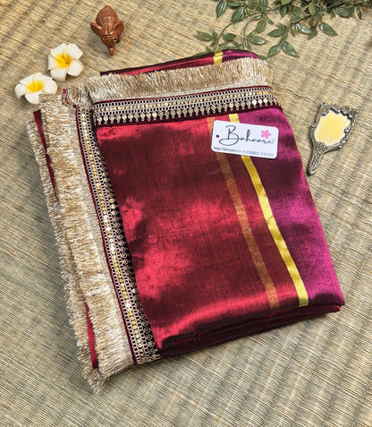 Megha | Burnt Maroon with Magenta Tissue Saree with Zari Lace