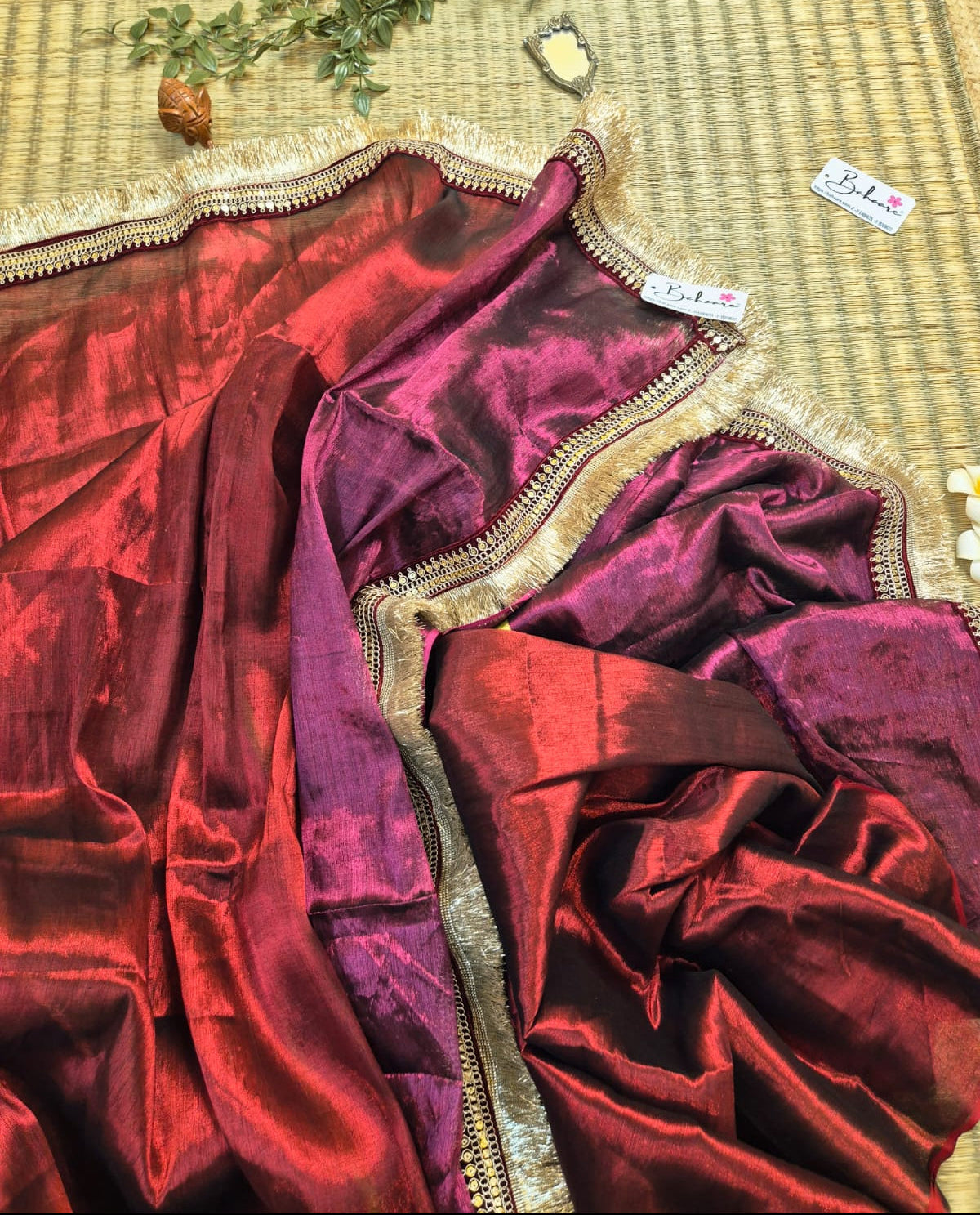 Megha | Burnt Maroon with Magenta Tissue Saree with Zari Lace
