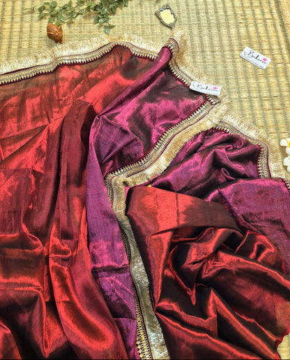 Megha | Burnt Maroon with Magenta Tissue Saree with Zari Lace