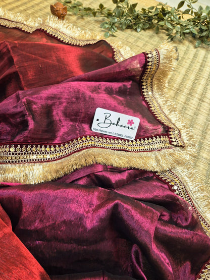 Megha | Burnt Maroon with Magenta Tissue Saree with Zari Lace