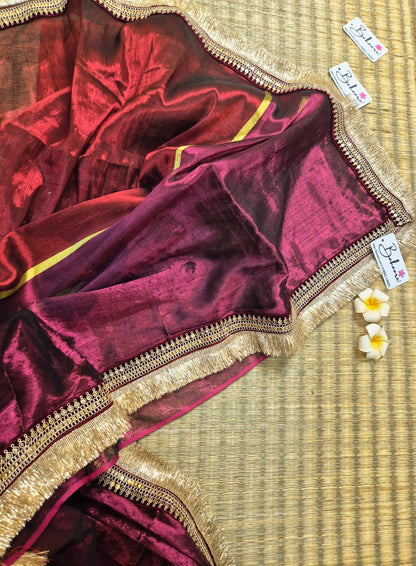 Megha | Burnt Maroon with Magenta Tissue Saree with Zari Lace