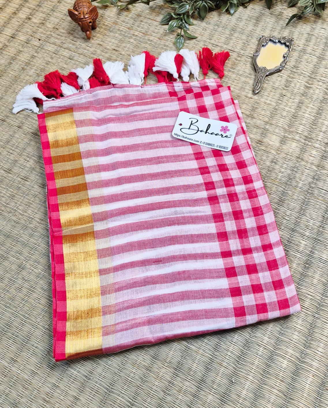 Noor | Red and White Check Mul Mul Cotton Saree with Golden Zari Border