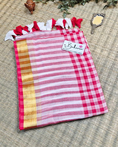 Noor | Red and White Check Mul Mul Cotton Saree with Golden Zari Border