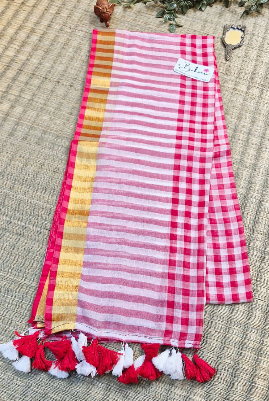 Noor | Red and White Check Mul Mul Cotton Saree with Golden Zari Border