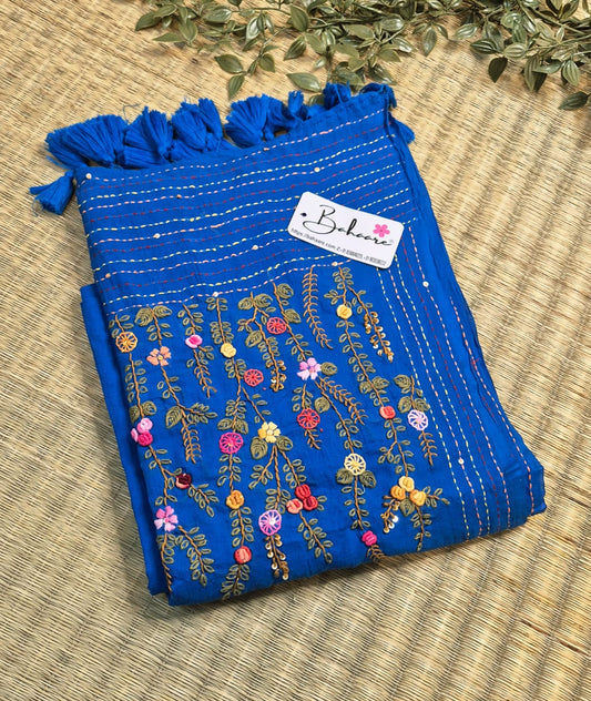 Mohini | Royal Blue Mul Mul Cotton Saree with Handcrafted Bullion Stich