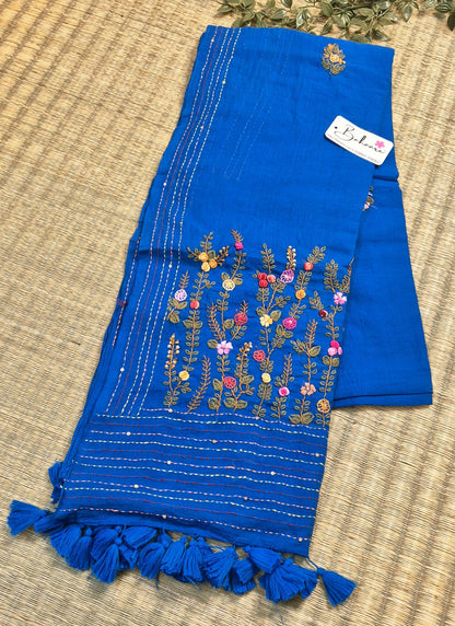 Mohini | Royal Blue Mul Mul Cotton Saree with Handcrafted Bullion Stich
