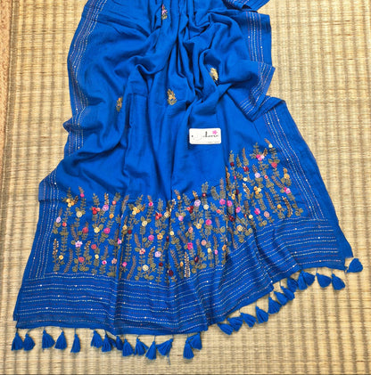 Mohini | Royal Blue Mul Mul Cotton Saree with Handcrafted Bullion Stich