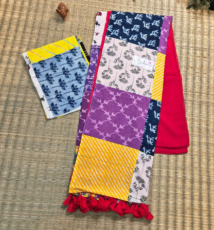 Cotton Galleria | Sindoori Heritage Cotton Saree with Multicoloured Patchwork Pallu
