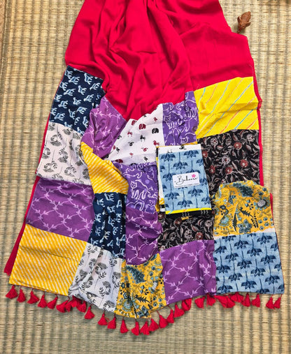 Cotton Galleria | Sindoori Heritage Cotton Saree with Multicoloured Patchwork Pallu