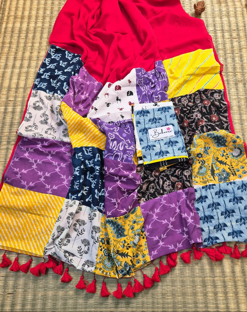 Cotton Galleria | Sindoori Heritage Cotton Saree with Multicoloured Patchwork Pallu