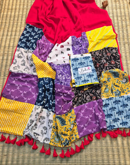 Cotton Galleria | Sindoori Heritage Cotton Saree with Multicoloured Patchwork Pallu