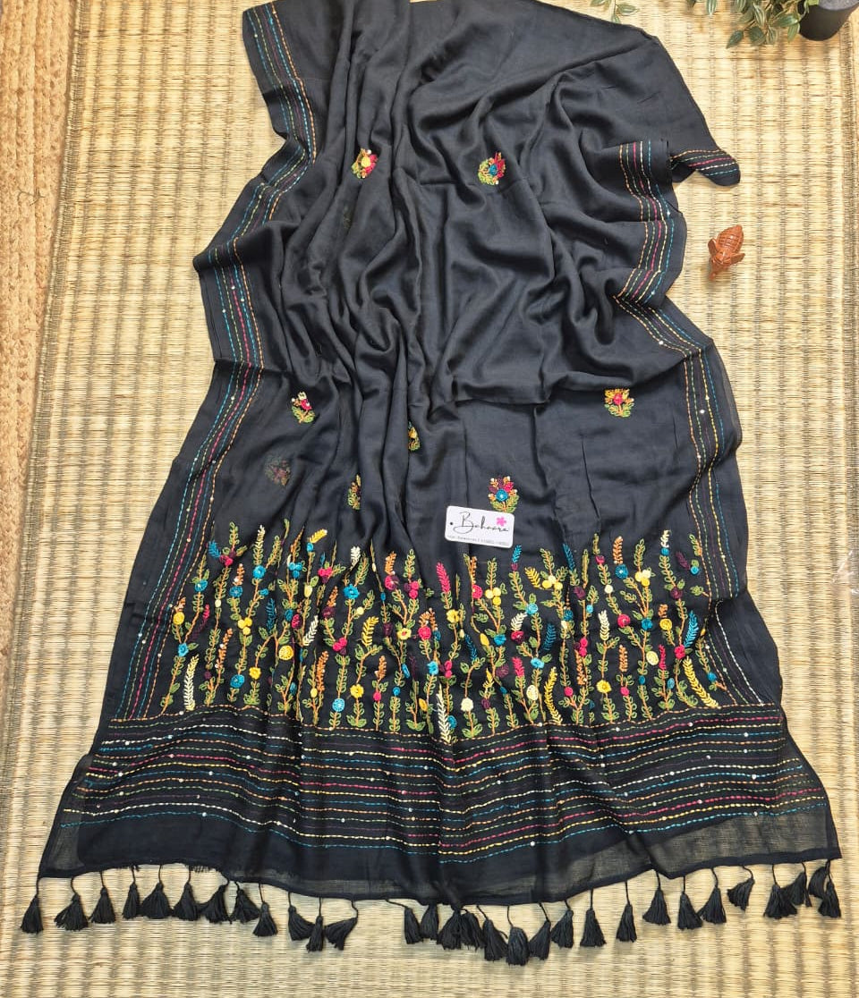 Mohini | Classic Black Mul Mul Cotton Saree with Handcrafted Bullion Stich