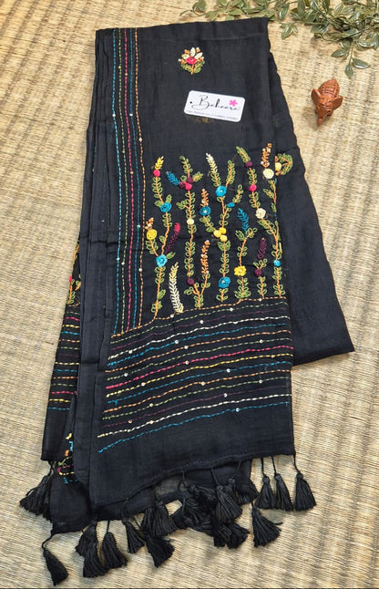 Mohini | Classic Black Mul Mul Cotton Saree with Handcrafted Bullion Stich