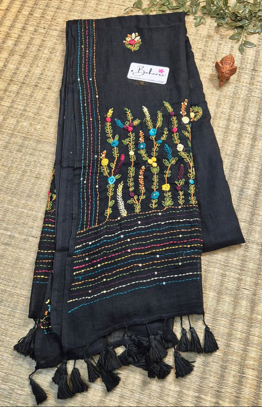 Mohini | Classic Black Mul Mul Cotton Saree with Handcrafted Bullion Stich