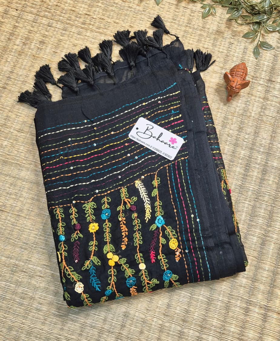 Mohini | Classic Black Mul Mul Cotton Saree with Handcrafted Bullion Stich