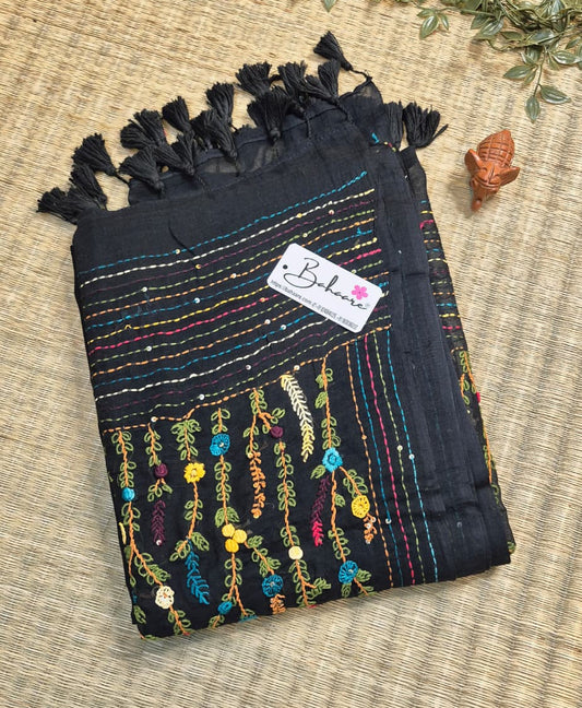 Mohini | Classic Black Mul Mul Cotton Saree with Handcrafted Bullion Stich