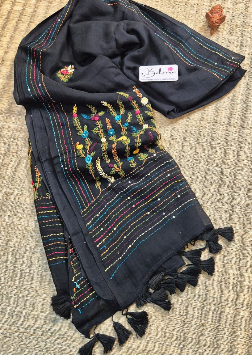 Mohini | Classic Black Mul Mul Cotton Saree with Handcrafted Bullion Stich