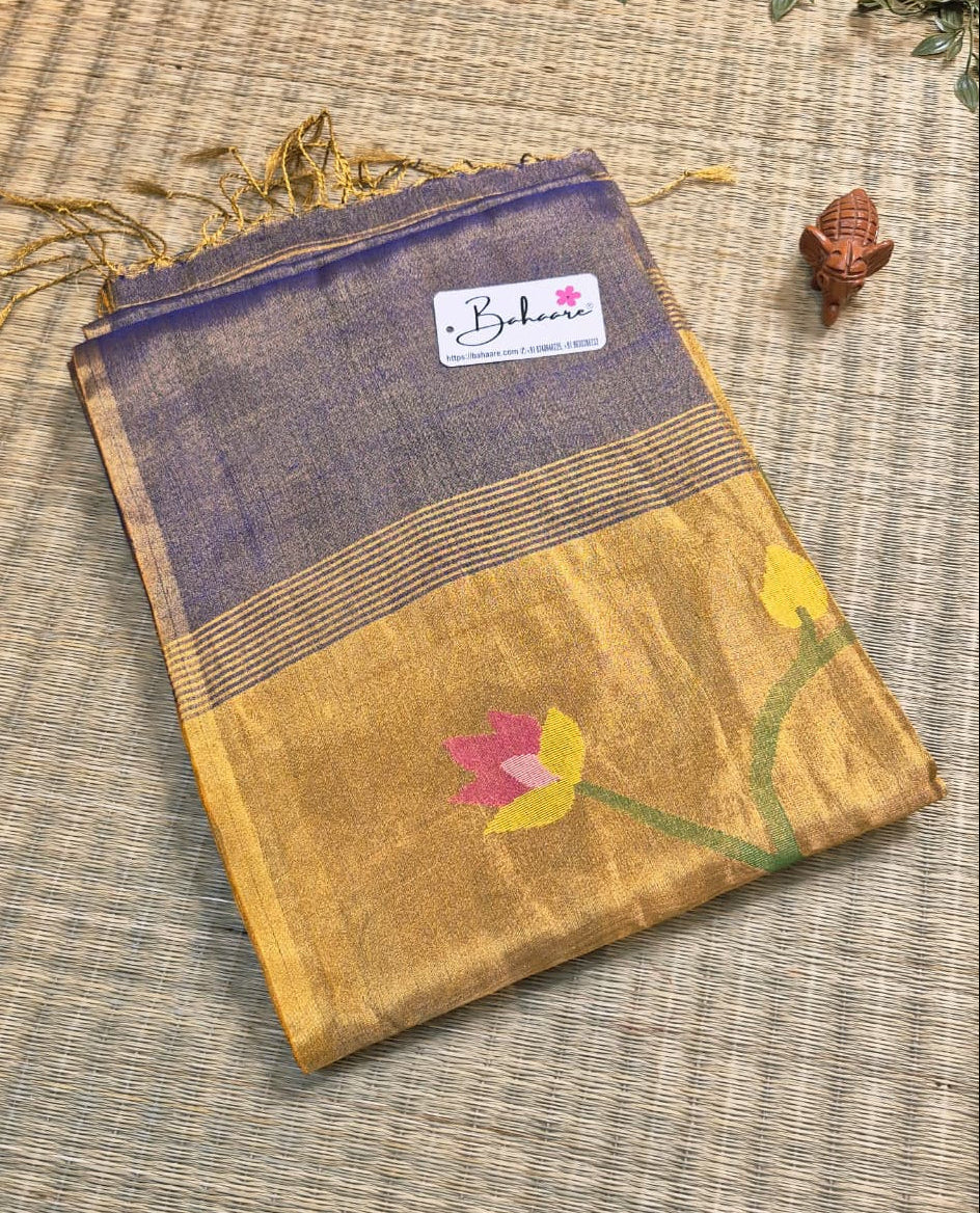 Springtime Serenity | Cobalt Shimmer Tissue Linen Saree with Paithani Motif