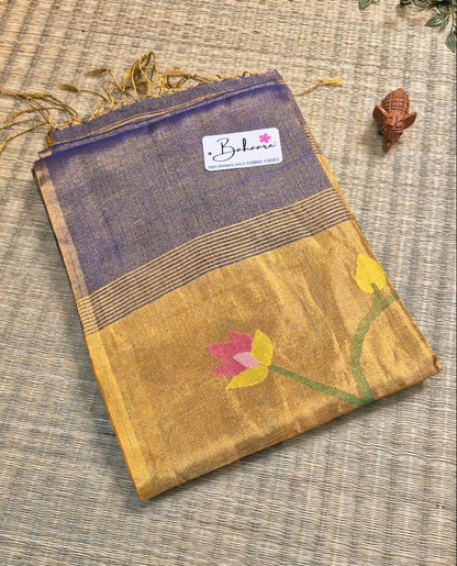 Springtime Serenity | Cobalt Shimmer Tissue Linen Saree with Paithani Motif