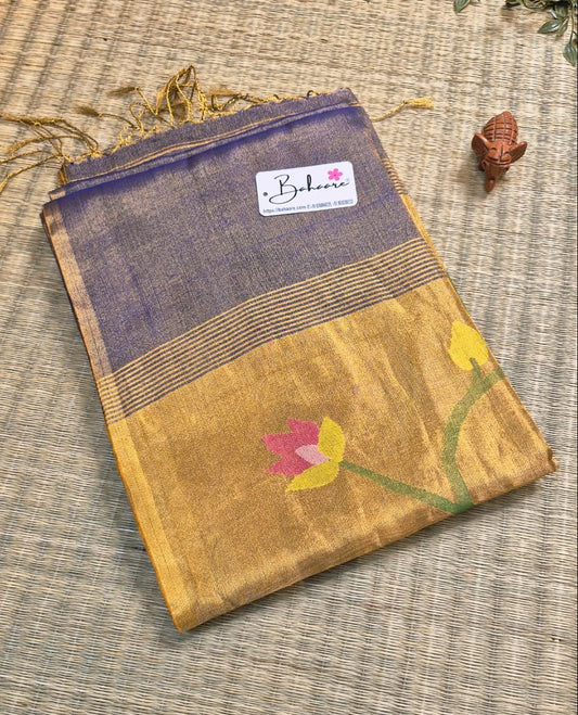Springtime Serenity | Cobalt Shimmer Tissue Linen Saree with Paithani Motif